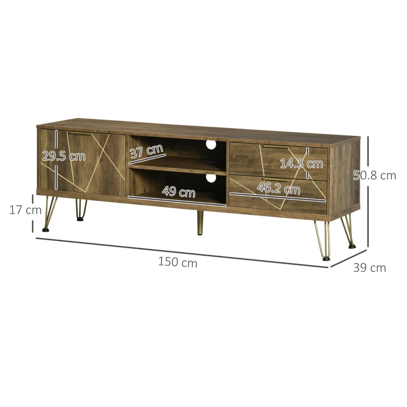 HOMCOM Mobile Porta TV da 55" con Armadietto e Cassetti in Legno e Acciaio, 150x39x50.8cm, Legno e Oro