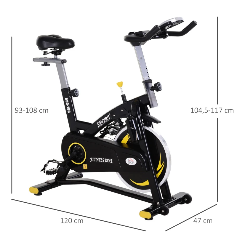 HOMCOM Bicicleta Estática de Fitness con Pantalla LCD Volante de Inercia de 10 kg 47x120x104.5-117cm Amarillo y Negro