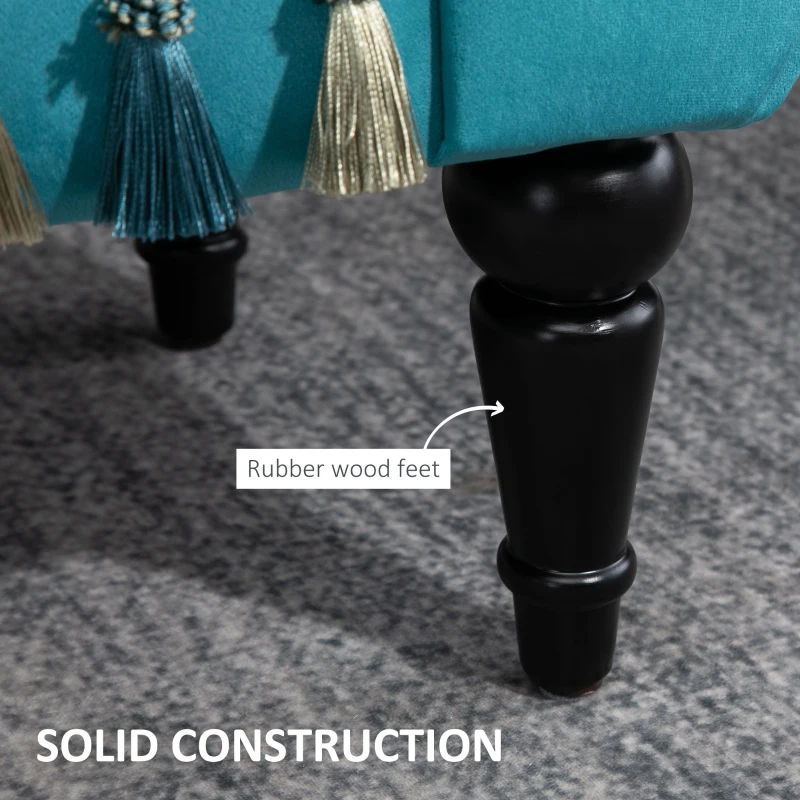 HOMCOM Bed End Bench, Vintage Bench Seat with Armrest and Button Tufted, Velvet Upholstered Footstool for Bedroom, Blue