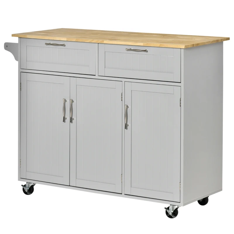 HOMCOM Carrello da Cucina Multiuso in Legno con 2 Cassetti, 3 Antine e 4 Ruote 121x46x91cm, Grigio