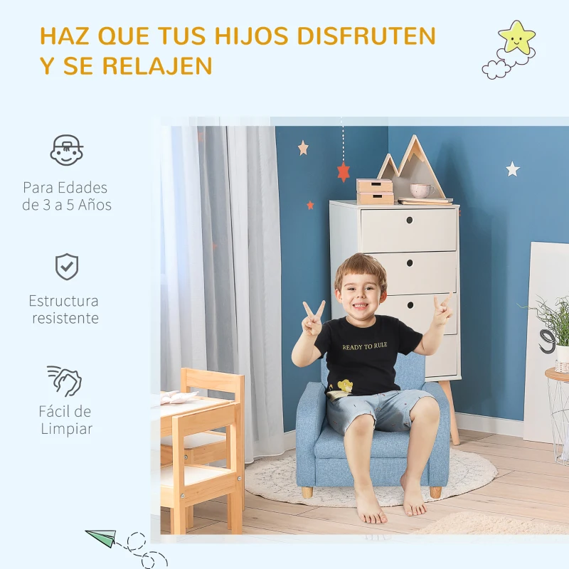 HOMCOM Sillón Infantil Mini Sofá para Niños de +3 Años con Asiento Acolchado Reposabrazos y Estructura de Madera Carga Máx. de 65 kg 49x45x44 cm Azul