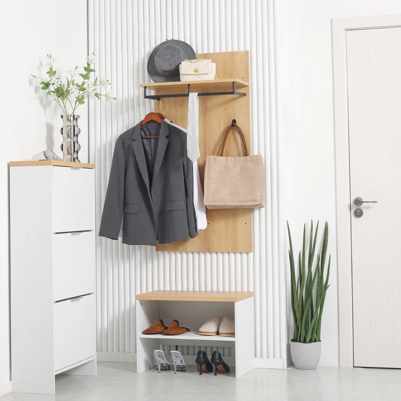 HOMCOM Entryway Organizer with Shoe Bench, Shoe Rack, Hall Tree with 4 Hooks, Coat Rack for Hallway, White and Natural