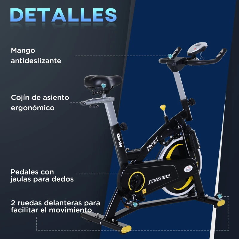 HOMCOM Bicicleta Estática de Fitness con Pantalla LCD Volante de Inercia de 10 kg 47x120x104.5-117cm Amarillo y Negro
