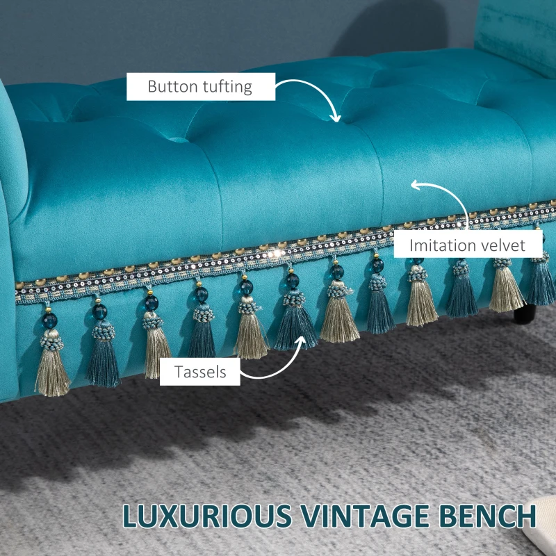 HOMCOM Bed End Bench, Vintage Bench Seat with Armrest and Button Tufted, Velvet Upholstered Footstool for Bedroom, Blue