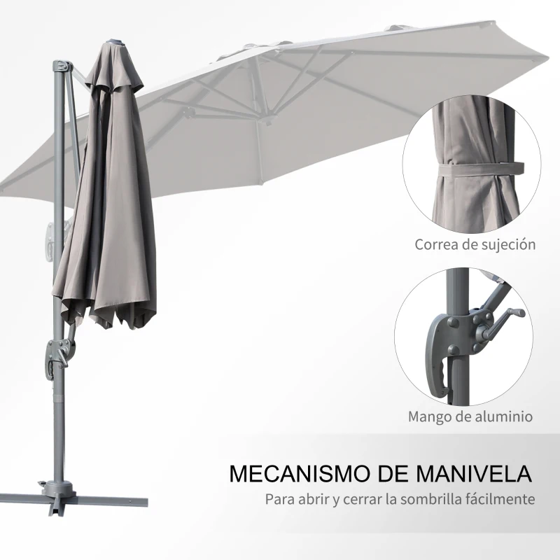Outsunny Sombrilla de Aluminio Jardín Ø300x250 cm Parasol Excéntrico con Rotación 360° Inclinación de 6 Niveles con Manivela Ventilación y Base Cruzada para Patio Terraza Gris