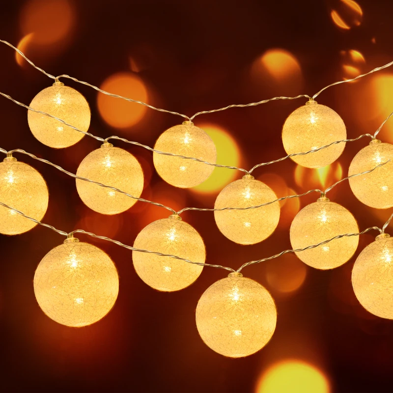 Outsunny Guirnaldas de Luces 4-Paquete para Exterior con 80 Bolas LED Algodón Luces de Hadas Blanco Cálido IP44 para Decoración de Fiestas Bodas Patio Jardín Adornos de Navidad para Árbol