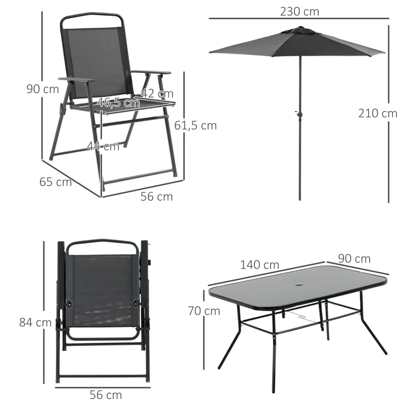 Outsunny Conjunto de Muebles de Jardín 8 Piezas con 6 Sillas Plegables Mesa de Comedor de Vidrio y Sombrilla Inclinable con Manivela Protección del Sol para Terraza Exterior Negro