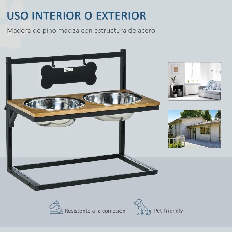 PawHut Comedero para Perros Elevado Altura Ajustable con 2 Cuencos de Acero Inoxidable Alimentador de Agua y Comida para Mascotas 58x32x50 cm Negro y Roble