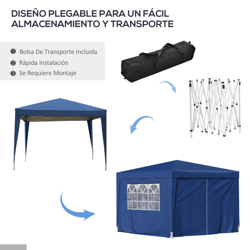 Outsunny Carpa Gazebo con Paredes Desmontables Ventanas Visibles Puerta con Cremallera Incluye Bolsa de Transporte Cuerdas y Piquetas 3x3 m Azul