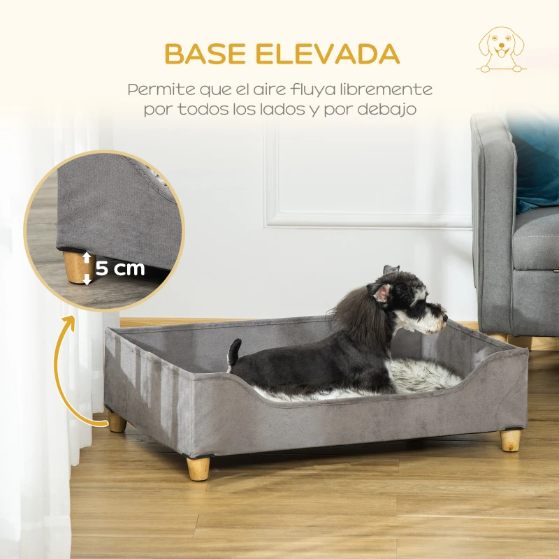PawHut Sofá para Perros Gatos Cama Cesta para Mascotas Medianas y Pequeñas con Cojín Extraíble Lavable y Patas Elevadas de Madera 81x56x23,5 cm Gris