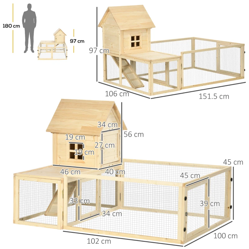 PawHut Cotet din molid cu tava detasabila, 3 usi si zona exterioara, 151,5x106x97 cm, culoare lemn(m-3)