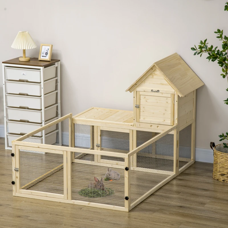 PawHut Cotet din molid cu tava detasabila, 3 usi si zona exterioara, 151,5x106x97 cm, culoare lemn(m-10)