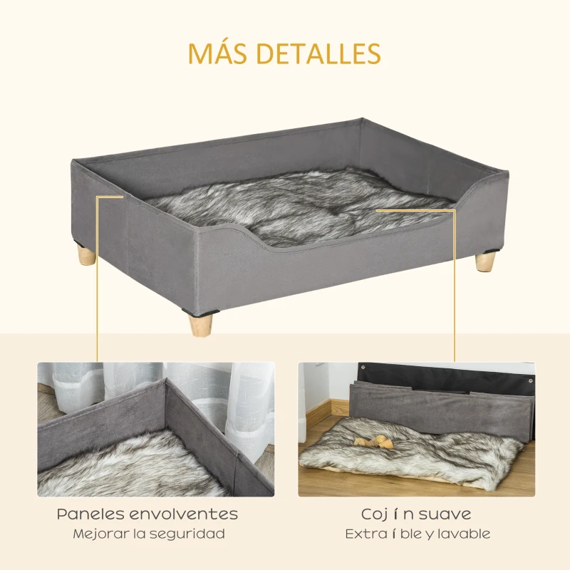 PawHut Sofá para Perros Gatos Cama Cesta para Mascotas Medianas y Pequeñas con Cojín Extraíble Lavable y Patas Elevadas de Madera 81x56x23,5 cm Gris