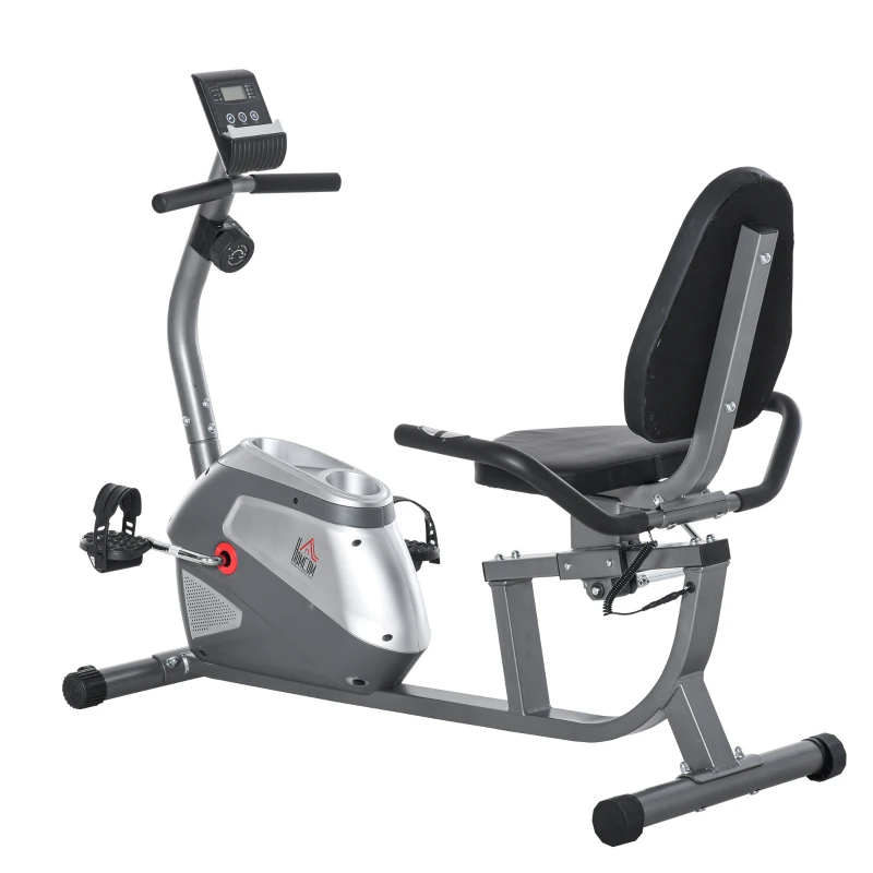 HOMCOM Bicicleta Estática Reclinada Resistencia Magnética de 8 Niveles Pantalla LCD con Pulsómetro Volante de Inercia de 3 kg Portabotellas Asiento Ajustable 121,5-para Casa 136x62,5x98 cm Gris