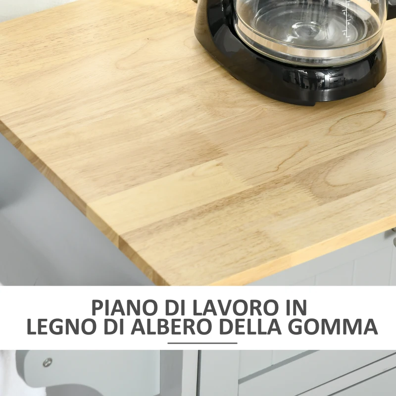 HOMCOM Carrello da Cucina Multiuso in Legno con 2 Cassetti, 3 Antine e 4 Ruote 121x46x91cm, Grigio