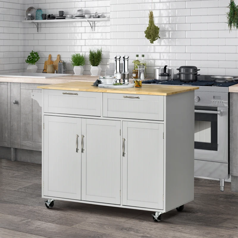 HOMCOM Carrello da Cucina Multiuso in Legno con 2 Cassetti, 3 Antine e 4 Ruote 121x46x91cm, Grigio