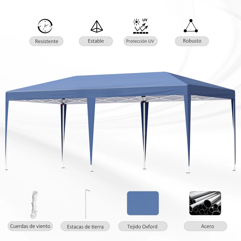 Outsunny Cenador de Jardín 6x3 m Gazebo con Altura Ajustable en 3 Niveles Bolsa de Transporte Marco de Acero Anti-UV Azul