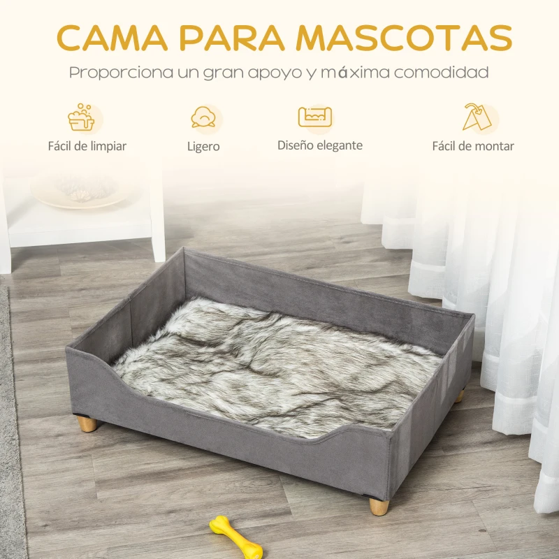 PawHut Sofá para Perros Gatos Cama Cesta para Mascotas Medianas y Pequeñas con Cojín Extraíble Lavable y Patas Elevadas de Madera 81x56x23,5 cm Gris
