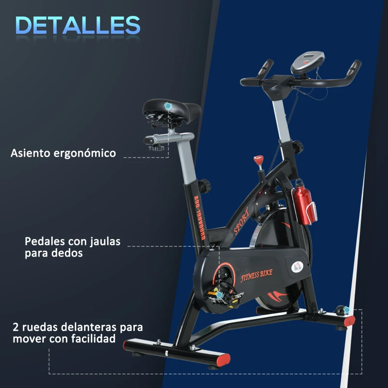 HOMCOM Bicicleta Estática de Fitness con Pantalla LCD Volante de Inercia de 10 kg 47x120x104.5-117cm Rojo y Negro