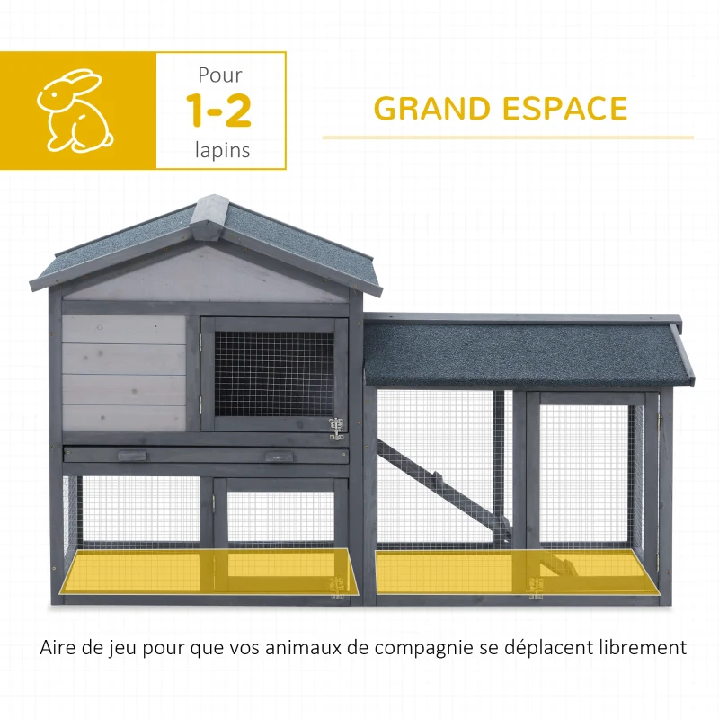 PawHut Clapier cage à lapins rongeurs 2 niveaux clapier lapin nain avec 3 portes verrouillables tiroir à déjection toit intégral bitumé 147L x 54l x 84H cm bois massif pin gris