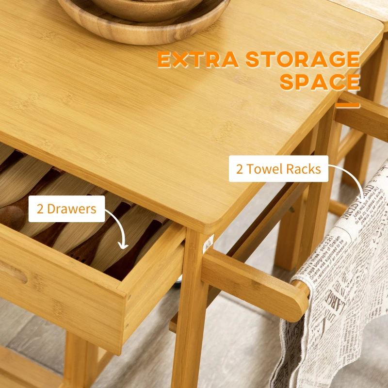 HOMCOM Bamboo Breakfast Cart 3 Piece Kitchen Trolley with Drop Leaf Table and 2 Square Stools, Brown