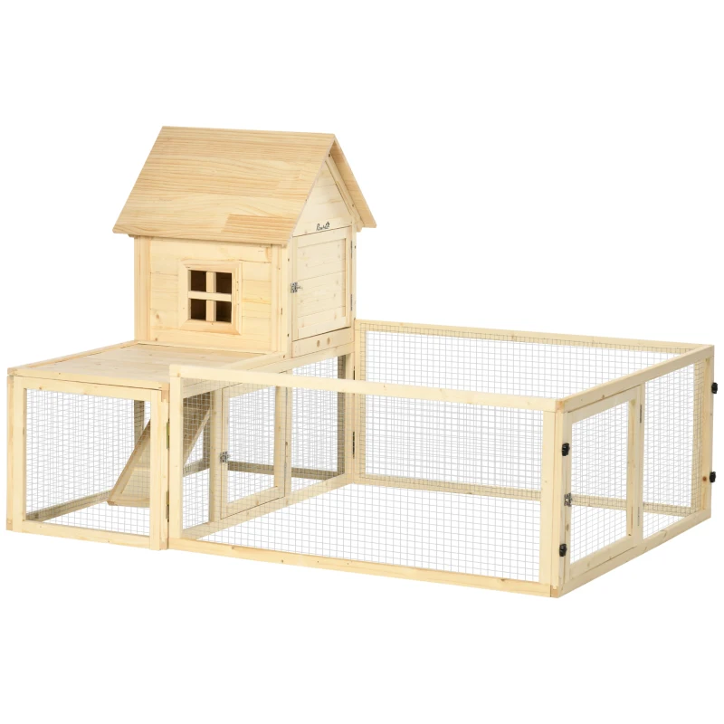 PawHut Cotet din molid cu tava detasabila, 3 usi si zona exterioara, 151,5x106x97 cm, culoare lemn(m-11)