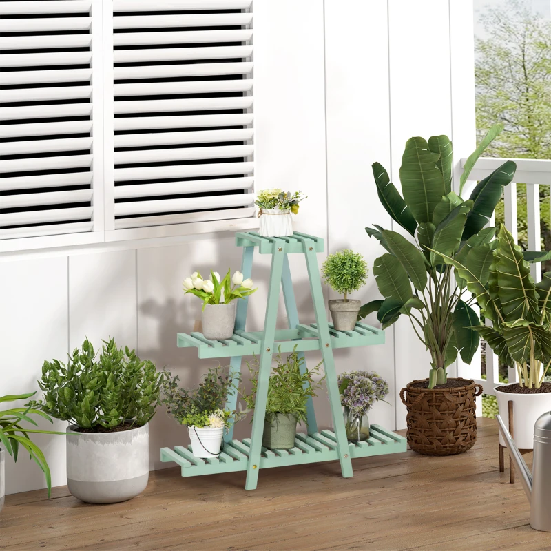 Outsunny Suport pentru plante din lemn de brad cu 3 niveluri pentru interior si exterior, 76x26x76cm, verde deschis