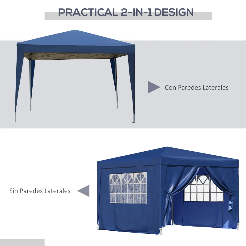 Outsunny Carpa Gazebo con Paredes Desmontables Ventanas Visibles Puerta con Cremallera Incluye Bolsa de Transporte Cuerdas y Piquetas 3x3 m Azul