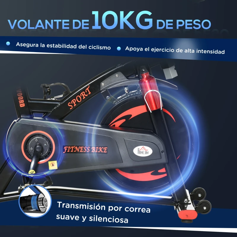 HOMCOM Bicicleta Estática de Fitness con Pantalla LCD Volante de Inercia de 10 kg 47x120x104.5-117cm Rojo y Negro