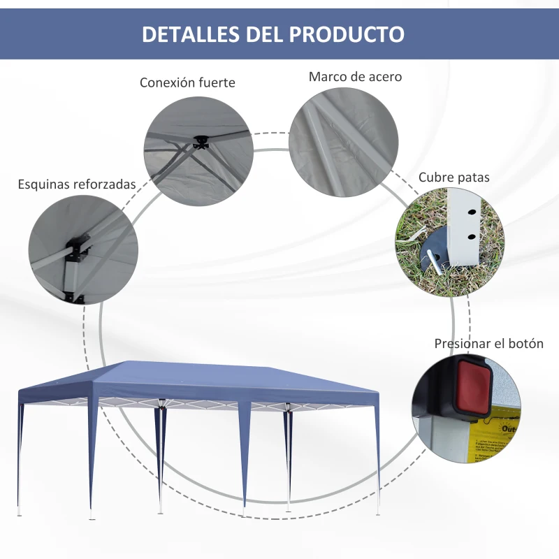 Outsunny Cenador de Jardín 6x3 m Gazebo con Altura Ajustable en 3 Niveles Bolsa de Transporte Marco de Acero Anti-UV Azul