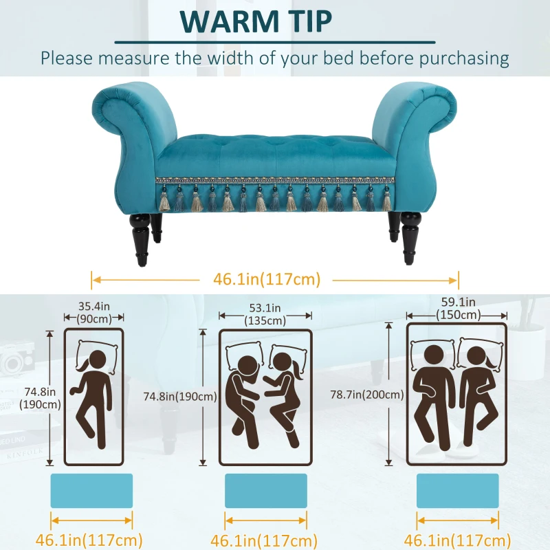 HOMCOM Bed End Bench, Vintage Bench Seat with Armrest and Button Tufted, Velvet Upholstered Footstool for Bedroom, Blue