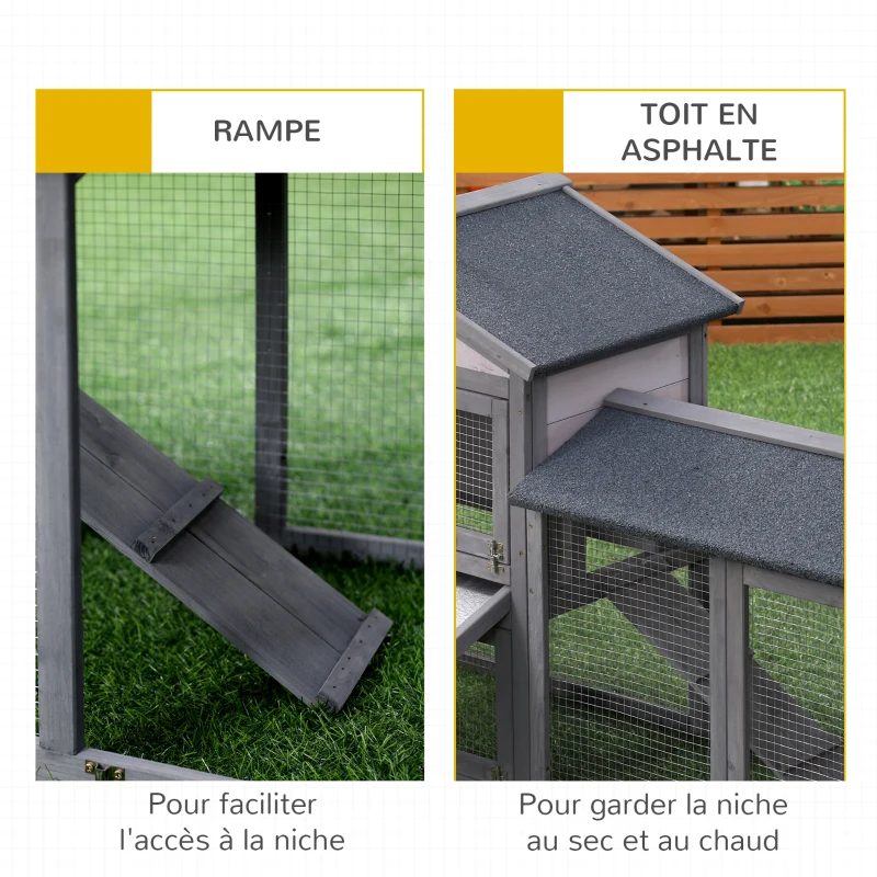 PawHut Clapier cage à lapins rongeurs 2 niveaux clapier lapin nain avec 3 portes verrouillables tiroir à déjection toit intégral bitumé 147L x 54l x 84H cm bois massif pin gris