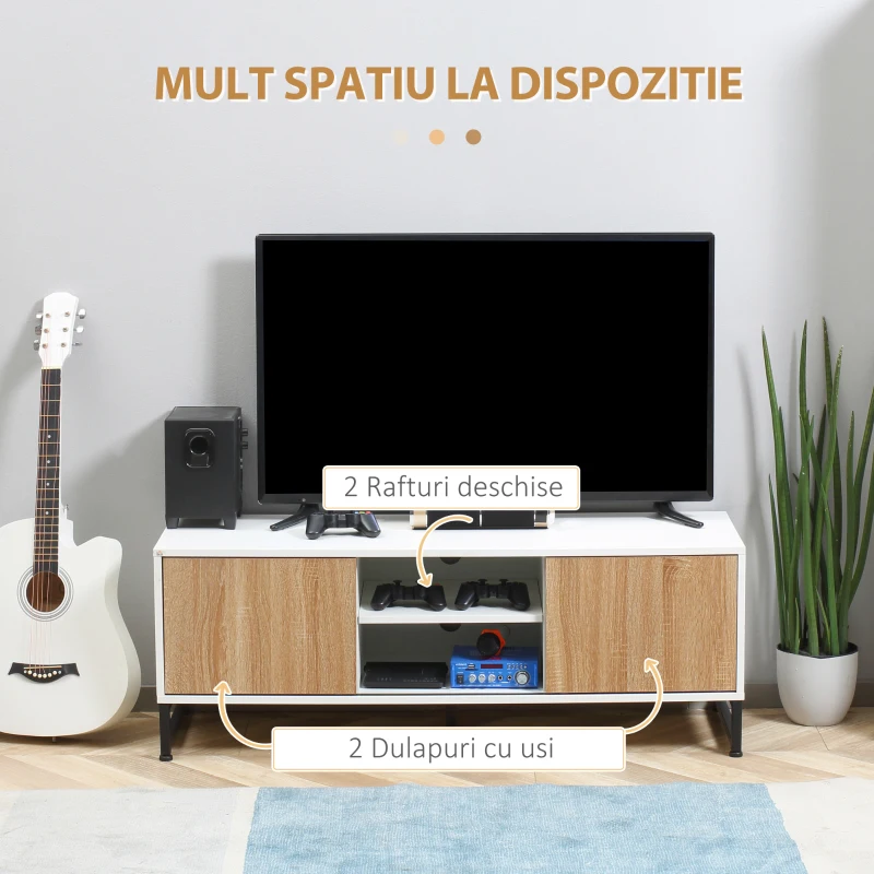 HOMCOM Suport TV pentru modele de pana la 50" Max, PAL modern si suport TV din otel cu 2 rafturi deschise si 2 dulapuri inchise, 120x39,5x45cm