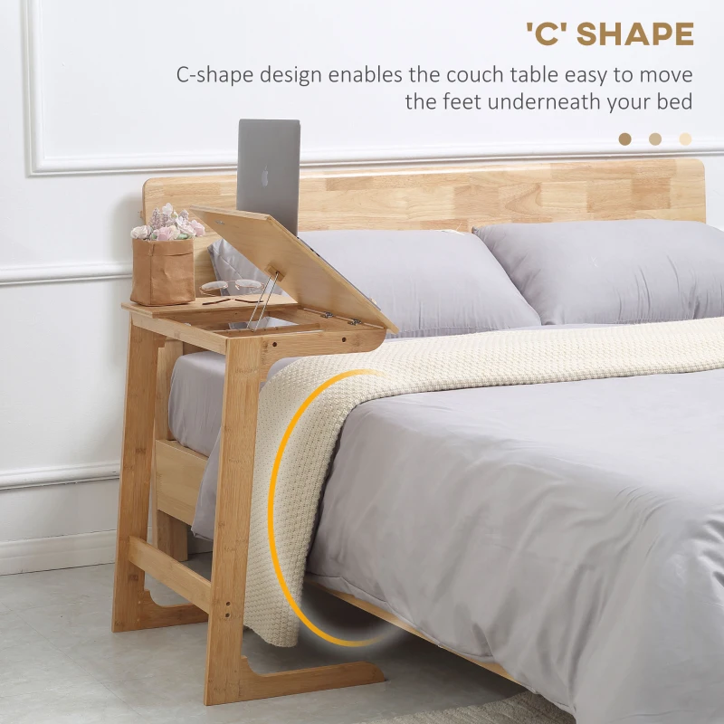 HOMCOM Masuta de canapea in forma de C din Lemn de Bambus, masuta cu suprafata inclinabila pe 5 niveluri