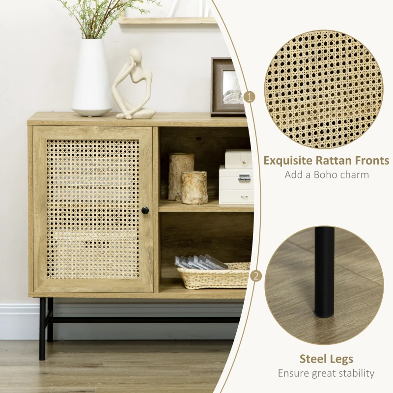 HOMCOM Mobiletto Basso in Rattan per Ingresso e Soggiorno con 2 Armadietti e Ripiano Aperto a 2 Livelli, 120x38x76.2 cm