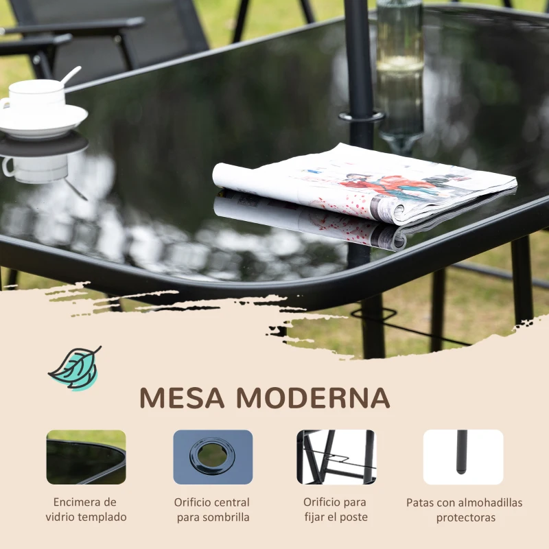 Outsunny Conjunto de Muebles de Jardín 8 Piezas con 6 Sillas Plegables Mesa de Comedor de Vidrio y Sombrilla Inclinable con Manivela Protección del Sol para Terraza Exterior Negro