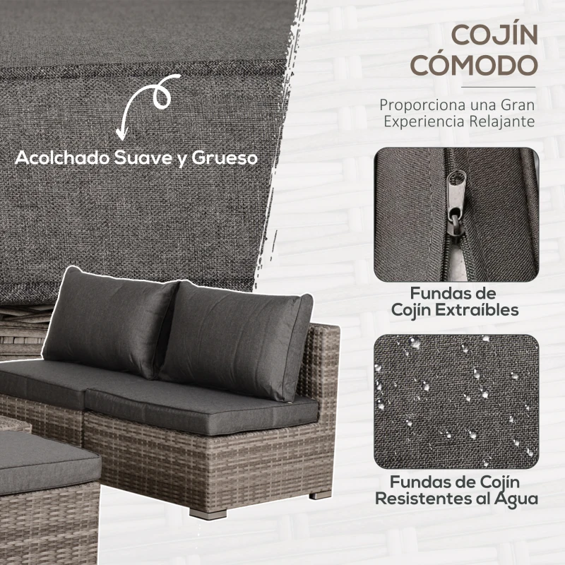 Outsunny Conjunto de Muebles de Jardín 8 Piezas de Ratán Sintético con 2 Mesas Reposapiés y Cojines para Patio Terraza Marrón y Gris