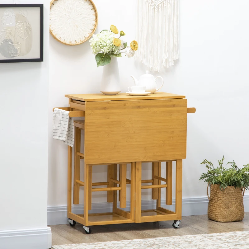 HOMCOM Bamboo Breakfast Cart 3 Piece Kitchen Trolley with Drop Leaf Table and 2 Square Stools, Brown
