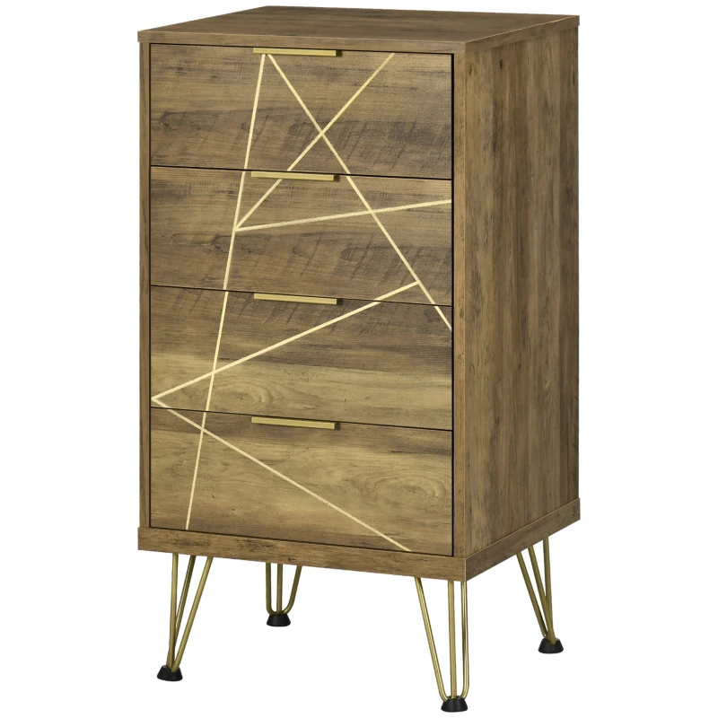 HOMCOM Mobile Cassettiera a 4 Cassetti in Legno Truciolare e Gambe in Acciaio, 48x39x87cm, Legno e Oro