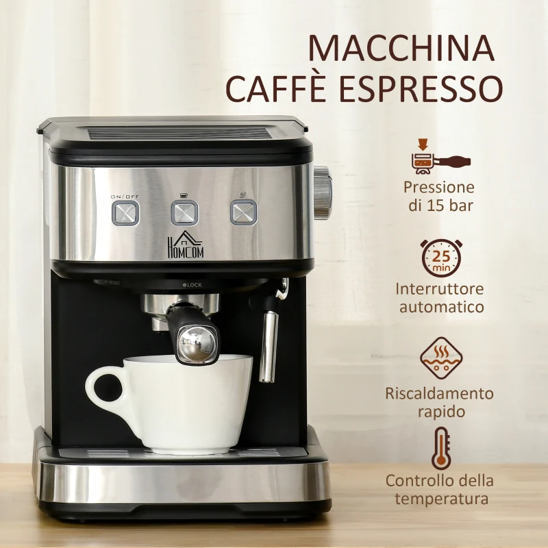 HOMCOM Macchina per Caffè Espresso e Cappuccino, 850W e 15 Bar, Serbatoio Rimovibile, 35.5x21x29cm