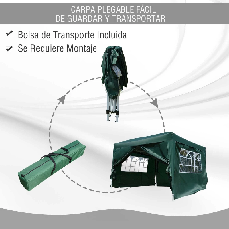 Outsunny Carpa Gazebo con Paredes Desmontables Ventanas Visibles Puerta con Cremallera Incluye Bolsa de Transporte Cuerdas y Piquetas 3x3 m Verde