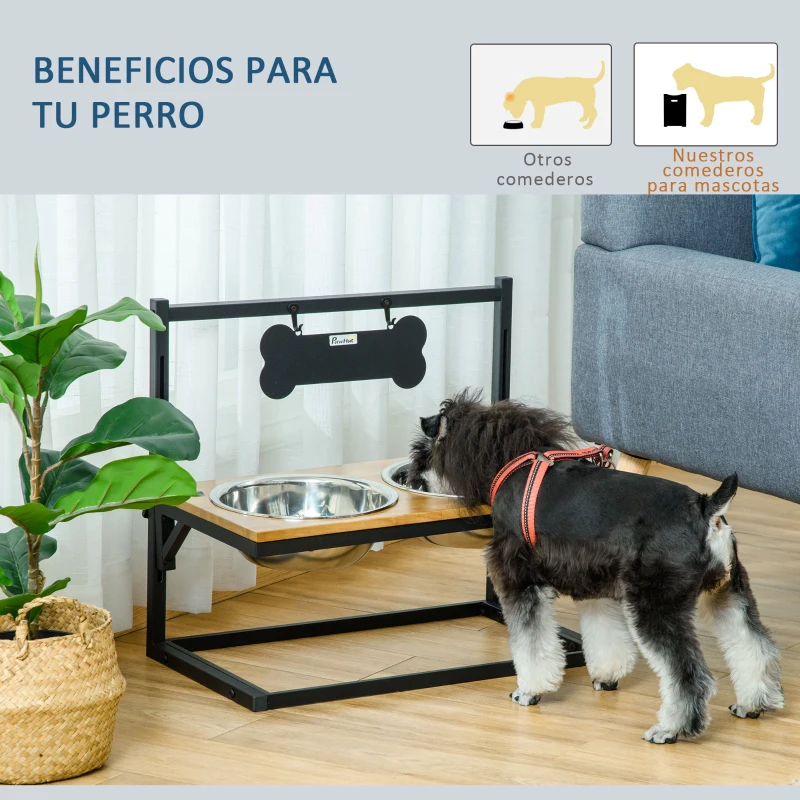 PawHut Comedero para Perros Elevado Altura Ajustable con 2 Cuencos de Acero Inoxidable Alimentador de Agua y Comida para Mascotas 58x32x50 cm Negro y Roble