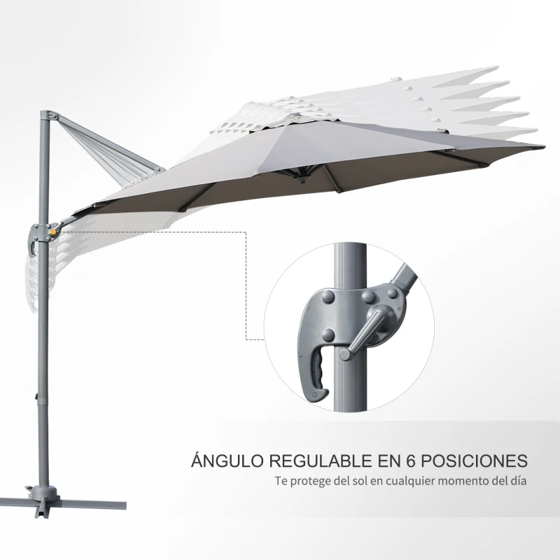 Outsunny Sombrilla de Aluminio Jardín Ø300x250 cm Parasol Excéntrico con Rotación 360° Inclinación de 6 Niveles con Manivela Ventilación y Base Cruzada para Patio Terraza Gris