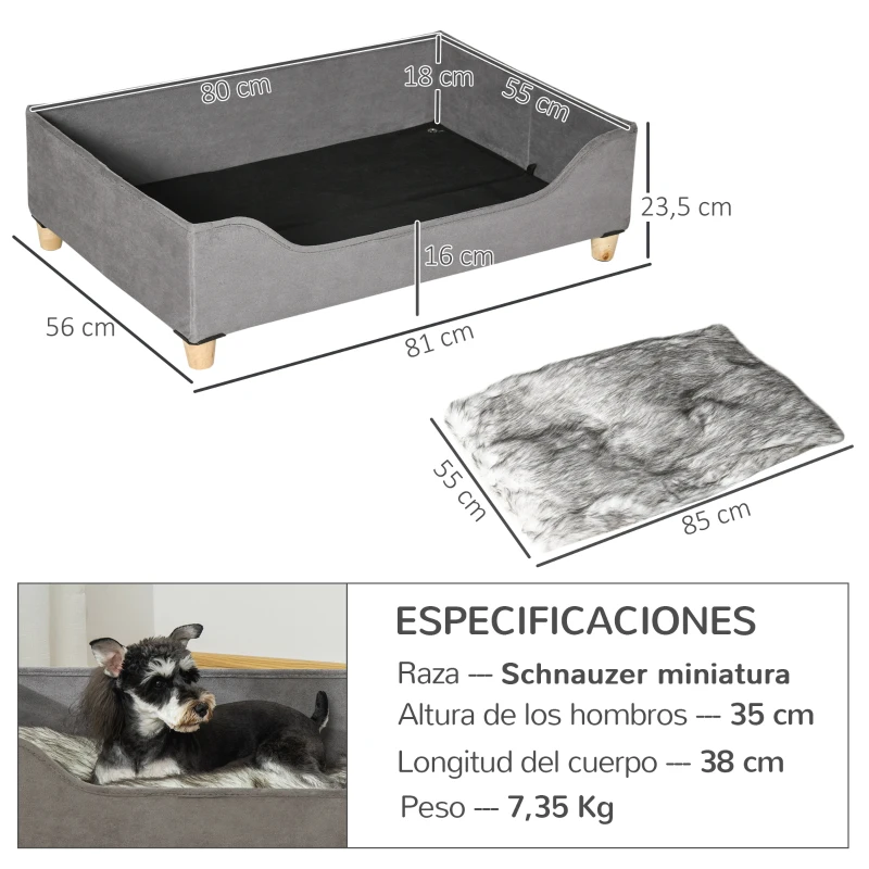 PawHut Sofá para Perros Gatos Cama Cesta para Mascotas Medianas y Pequeñas con Cojín Extraíble Lavable y Patas Elevadas de Madera 81x56x23,5 cm Gris