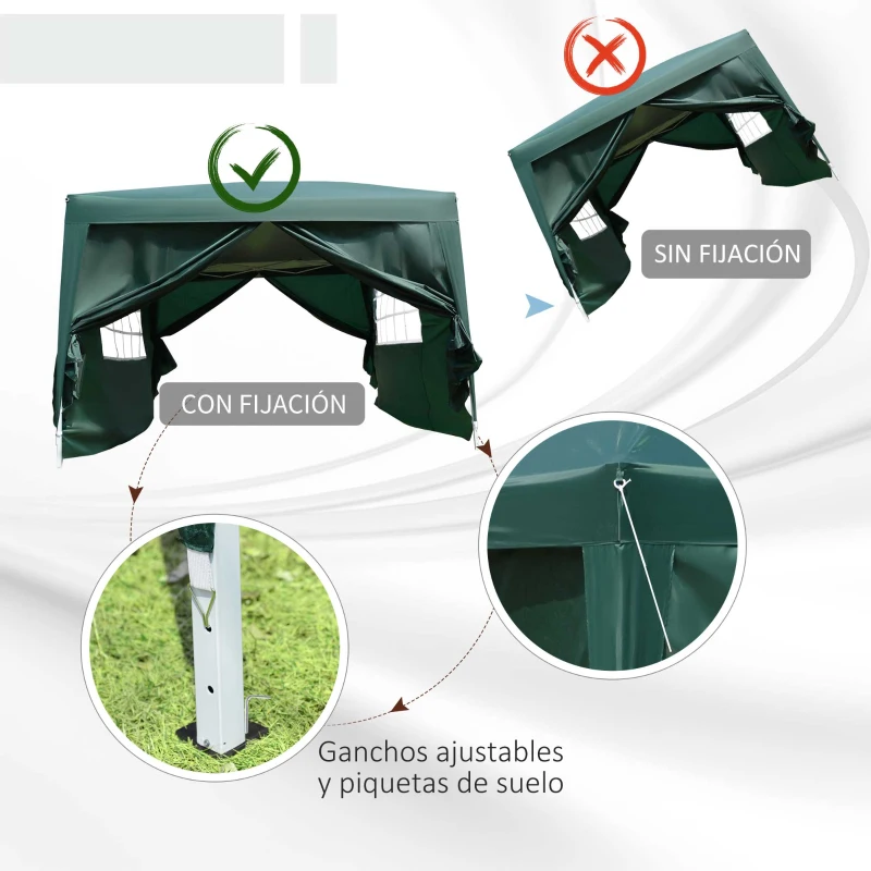 Outsunny Carpa Gazebo con Paredes Desmontables Ventanas Visibles Puerta con Cremallera Incluye Bolsa de Transporte Cuerdas y Piquetas 3x3 m Verde