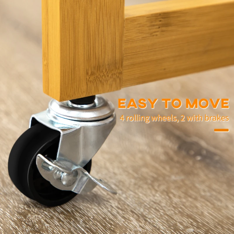 HOMCOM Bamboo Breakfast Cart 3 Piece Kitchen Trolley with Drop Leaf Table and 2 Square Stools, Brown