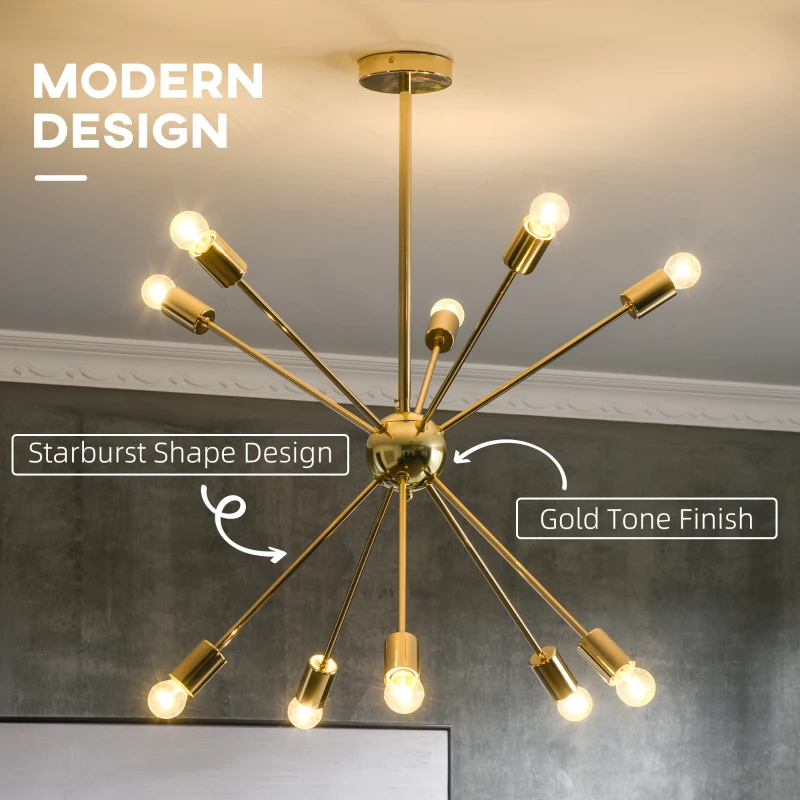 HOMCOM Lustra suspendata din metal auriu in stil Sputnik, Candelabru cu 10 lumini pentru bucatarie, sufragerie si dormitor, 65x65x78,5 cm