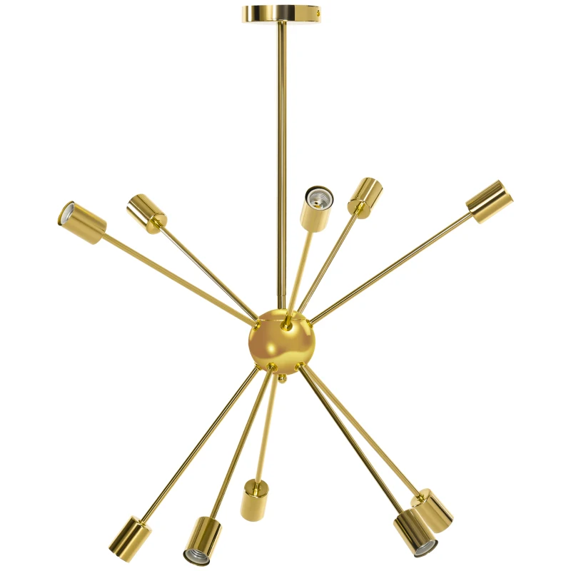 HOMCOM Lustra suspendata din metal auriu in stil Sputnik, Candelabru cu 10 lumini pentru bucatarie, sufragerie si dormitor, 65x65x78,5 cm