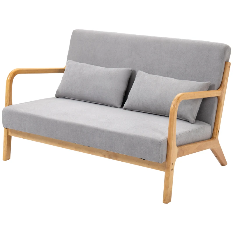 HOMCOM Canapea cu 2 locuri moderna din Lemn cu perne, tasatura cu efect de catifea, 122x71x76 cm, Gri(m-11)