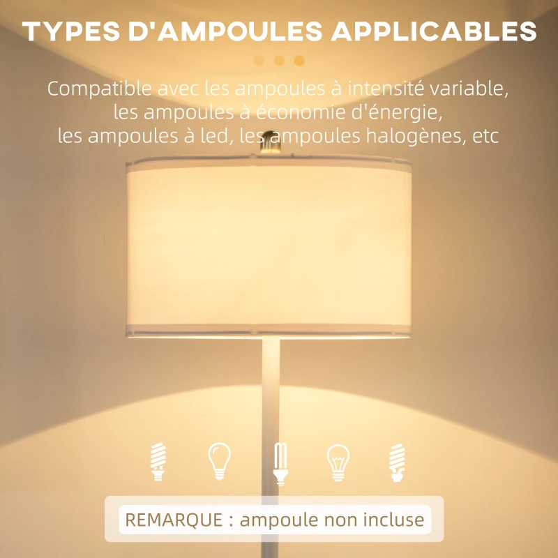 HOMCOM Lampadaire sur pied salon abat-jour en tissu 2 étagères rondes en bois interrupteur au pied culot E27 163 cm blanc